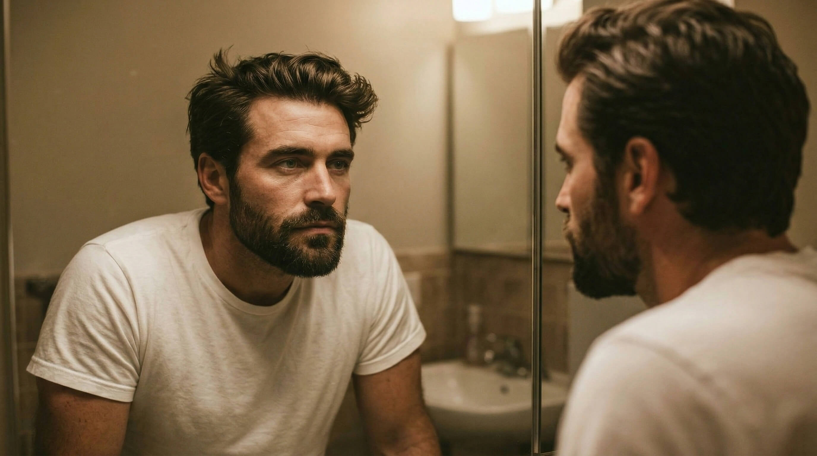 Man at bathroom sink, running on fumes